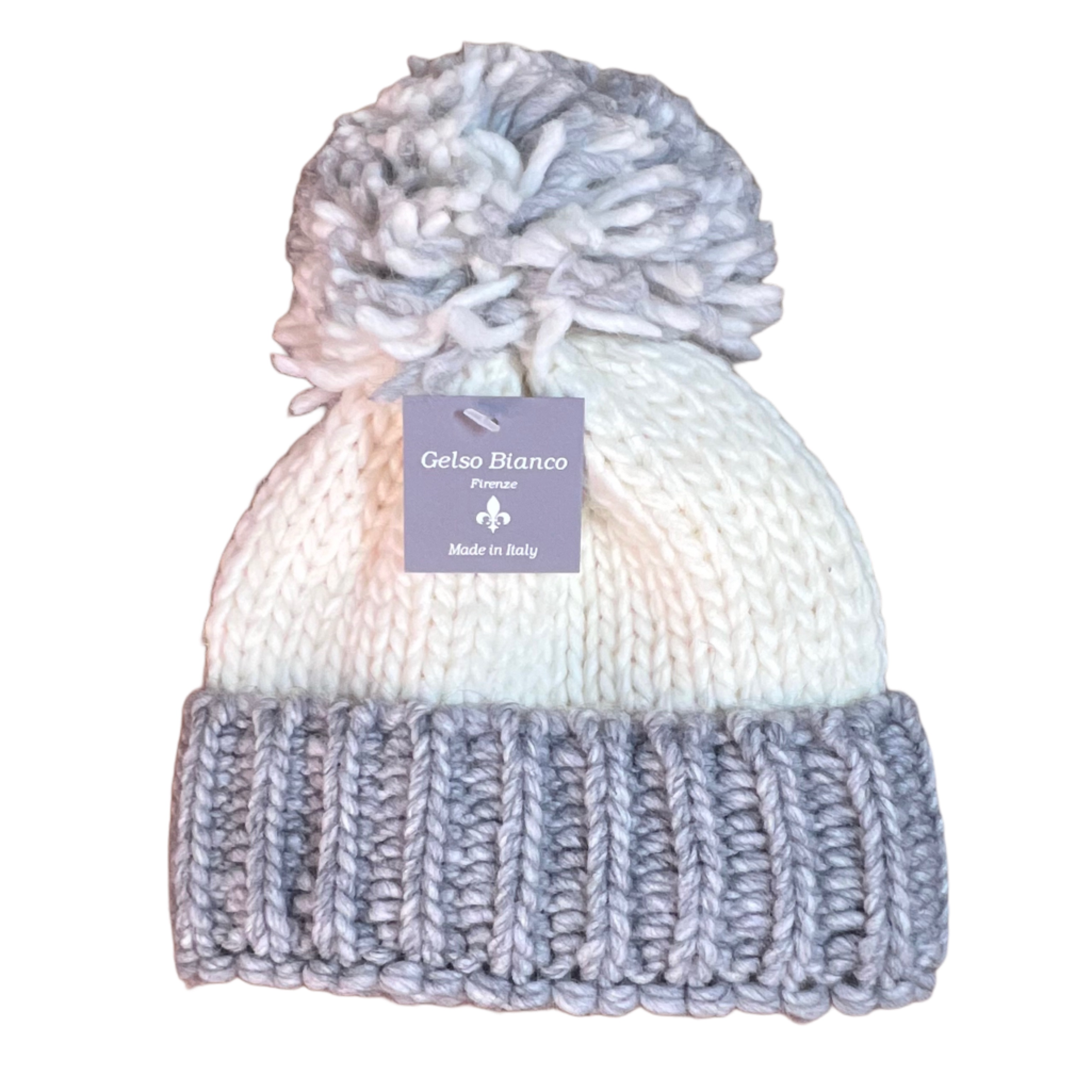 Gelso Bianco Women's Gray And White Alpaca Wool Winter Knit Pom Pom Hat Nwt